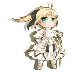 Rule 34 | 1girl, ahoge, armor, armored dress, artoria pendragon (fate), bare shoulders, blonde hair, bow, capcom, chibi, detached sleeves, dnk, dress, excalibur (fate/stay night), fate/stay night, fate/unlimited codes, fate (series), gauntlets, green eyes, hair ribbon, ponytail, ribbon, saber (fate), saber lily, solo, sword, type-moon, weapon