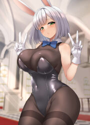 Rule 34 | 1girl, animal ears, black leotard, blush, bodystocking, bow, bowtie, breasts, detached collar, double v, fake animal ears, gloves, green eyes, grey hair, highres, hololive, huge breasts, leotard, looking at viewer, noah12, pantyhose, playboy bunny, rabbit ears, shirogane noel, short hair, solo, strapless, strapless leotard, thighband pantyhose, v, virtual youtuber