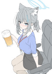 Rule 34 | 1girl, alternate costume, animal ear fluff, animal ears, beer mug, black skirt, blue archive, blue eyes, blue halo, blue shirt, blush, breasts, chair, closed mouth, collared shirt, commentary, cosplay, cross, cross hair ornament, cup, douki-chan (douki-chan), extra ears, ganbare douki-chan, hair ornament, halo, highres, holding, holding cup, inverted cross, looking at viewer, masabodo, mismatched pupils, mug, nose blush, office chair, on chair, ponytail, shiroko (blue archive), shirt, simple background, sitting, skirt, sleeves past elbows, solo, swivel chair, white background, wolf ears, wolf girl
