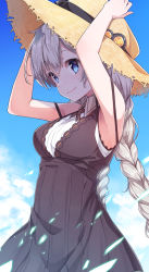Rule 34 | 1girl, arms up, bare arms, bare shoulders, black dress, blue eyes, blue sky, blush, braid, breasts, closed mouth, cloud, commentary request, day, dress, hair between eyes, hands on headwear, hat, highres, kizuna akari, konnyaku (kk-monmon), long hair, low twintails, medium breasts, outdoors, silver hair, sky, sleeveless, sleeveless dress, smile, solo, straw hat, twin braids, twintails, very long hair, vocaloid, voiceroid