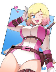 Rule 34 | 1girl, belt, blonde hair, blue eyes, blush, bodysuit, bowieknife, breasts, gradient hair, gwenpool, katana, large breasts, leotard, looking at viewer, marvel, multicolored hair, open mouth, pink hair, pink leotard, pouch, short hair, solo, superhero costume, sword, weapon, weapon on back