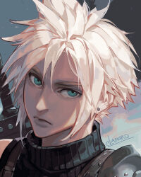 Rule 34 | 1boy, armor, artist name, birthday, blonde hair, blue eyes, buster sword, claparo, closed mouth, cloud strife, commentary, earrings, english commentary, final fantasy, final fantasy vii, final fantasy vii rebirth, final fantasy vii remake, highres, jewelry, lips, looking at viewer, portrait, short hair, shoulder armor, single bare shoulder, sleeveless, sleeveless turtleneck, solo, spiked hair, stud earrings, sweater, turtleneck, turtleneck sweater, upper body, weapon, weapon on back