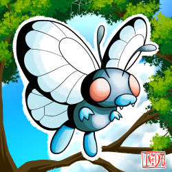 Rule 34 | antennae, artist logo, artist name, blue skin, blue sky, branch, bug, butterfly, butterfly wings, butterfree, cloud, colored skin, compound eyes, creatures (company), fangs, full body, game freak, gen 1 pokemon, highres, inker dog, insect, insect wings, leaf, monster, nintendo, no humans, outline, pokemon, pokemon (creature), red eyes, self-upload, silk, sky, solo, spider web, tree, white outline, white wings, wings
