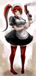 Rule 34 | 1girl, absurdres, bad id, bad pixiv id, breasts, dual wielding, earrings, full body, garter straps, gloves, gun, highres, hiro1984, holding, holding gun, holding weapon, jewelry, long hair, looking at viewer, maid, maid headdress, original, red eyes, red hair, red thighhighs, side ponytail, smoke, solo, thighhighs, weapon, white gloves, wrist cuffs