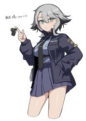 Rule 34 | 1girl, absurdres, black jacket, blue shirt, blue skirt, breasts, closed mouth, clothes writing, collared shirt, commentary request, cropped legs, dress shirt, green eyes, grey hair, hair between eyes, hand in pocket, hand up, highres, ismuth (bibibibirite), jacket, large breasts, long sleeves, open clothes, open jacket, original, pleated skirt, puffy long sleeves, puffy sleeves, shirt, simple background, skirt, sleeves past wrists, solo, translation request, white background
