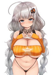 Rule 34 | 1girl, ahoge, bare shoulders, bikini, blue eyes, blush, breast suppress, breasts, cleavage, detached collar, detached sleeves, grey hair, hair ornament, kizuna akari, large breasts, long hair, low twintails, navel, oppai loli, sho (wnmf3234), simple background, smile, solo, strapless, strapless bikini, swimsuit, twintails, underboob, very long hair, voiceroid, white background