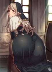 Rule 34 | 1girl, ass, black pantyhose, blush, breasts, brown hair, curvy, dress, elf, female focus, habit, houtengeki, huge ass, large breasts, long hair, looking at viewer, looking back, nun, original, pantyhose, plump, pointy ears, red eyes, skin tight, solo, tareme, taut clothes, taut dress, wide hips