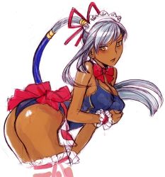 Rule 34 | 00s, 1girl, breasts, cleavage, code geass, dark skin, dark-skinned female, large breasts, long hair, maid, nekomata naomi, one-piece swimsuit, ponytail, silver hair, solo, swimsuit, thighhighs, villetta nu, yellow eyes