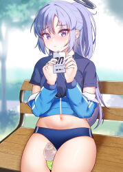 Rule 34 | absurdres, akuakuran, bench, between legs, blue archive, blue buruma, blue eyes, blue hair, blue jacket, blurry, blurry background, blush, bottle, buruma, closed mouth, halo, highres, holding, jacket, long hair, long sleeves, looking at viewer, navel, official alternate costume, outdoors, parted bangs, ponytail, sitting, solo, thighs, water bottle, yuuka (blue archive), yuuka (track) (blue archive)