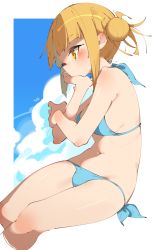 Rule 34 | 1girl, absurdres, bikini, blonde hair, blue bikini, blunt bangs, blush, boku no hero academia, border, breasts, closed mouth, cloud, cloudy sky, commentary, cropped legs, day, double bun, feet out of frame, groin, hair bun, halterneck, hand on own arm, hand to own mouth, hand up, highres, invisible chair, looking to the side, medium breasts, messy hair, navel, one eye closed, outside border, rasusurasu, short hair with long locks, side-tie bikini bottom, sideboob, sidelocks, sitting, sky, solo, swimsuit, symbol-only commentary, toga himiko, tsurime, white border, yellow eyes