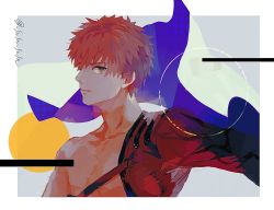 Rule 34 | 1boy, :|, abs, cape, closed mouth, commentary request, emiya shirou, expressionless, fate/grand order, fate (series), hanakazesun, highres, igote, japanese clothes, looking at viewer, male focus, red hair, senji muramasa (fate), short hair, solo, upper body, yellow eyes
