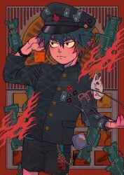 Rule 34 | 1boy, akaioni 503, black hair, character request, child, colored skin, commentary request, copyright request, cowboy shot, earbuds, earphones, hat, highres, male focus, military uniform, original, pointy ears, red skin, red streaks, smile, solo, uniform