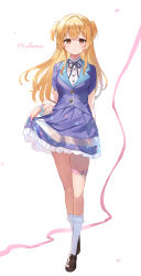 Rule 34 | 1girl, black footwear, black ribbon, blonde hair, blue jacket, blue skirt, blush, breasts, brown eyes, closed mouth, commentary request, frilled skirt, frilled socks, frills, full body, hair between eyes, highres, jacket, loafers, long sleeves, medium breasts, neck ribbon, omelet tomato, original, petals, pink ribbon, puffy long sleeves, puffy sleeves, ribbon, school uniform, see-through, see-through sleeves, shirt, shoes, simple background, skirt, skirt hold, smile, socks, solo, standing, two side up, white background, white shirt, white socks