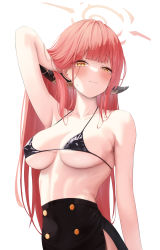 Rule 34 | 1girl, absurdres, arm up, armpits, aru (blue archive), bikini, bikini top only, black bikini, black skirt, blue archive, blunt bangs, blush, breasts, closed mouth, demon horns, halo, highres, horns, ju-ok, large breasts, long hair, looking at viewer, micro bikini, pink hair, side slit, simple background, skirt, solo, sweat, swimsuit, white background, yellow eyes