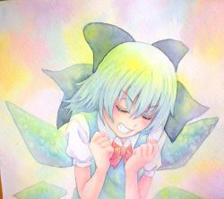 Rule 34 | 1girl, blue hair, bow, cirno, closed eyes, highres, ice, ice wings, painting (medium), solo, touhou, traditional media, watercolor (medium), wings, yuyu (00365676)