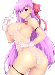 Rule 34 | 1girl, ass, bare shoulders, bb (fate), bb (fate/extra), blush, breasts, covered erect nipples, fate/extra, fate/extra ccc, fate (series), gloves, hair ribbon, highres, ixmmxi, large breasts, leotard, long hair, looking at viewer, neck ribbon, purple eyes, purple hair, red ribbon, ribbon, smile, solo, thighhighs, thighs, very long hair, white gloves, white leotard, white thighhighs