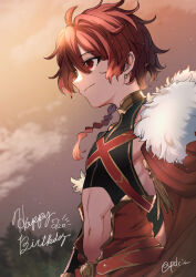 Rule 34 | 1boy, alexander (fate), belt, bishounen, blurry, blurry background, braid, braided ponytail, cape, closed mouth, covered collarbone, dated, depth of field, earrings, eyelashes, fate/grand order, fate (series), fur-trimmed cape, fur trim, gold trim, hair between eyes, happy birthday, jewelry, kawasemi (pocorit), long hair, male focus, navel, outdoors, red belt, red cape, red eyes, red hair, sidelocks, solo, twitter username