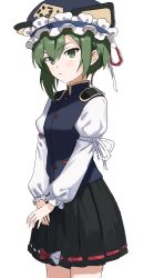 Rule 34 | 1girl, absurdres, asuka shirou, balance scale, black hat, black skirt, closed mouth, epaulettes, frilled hat, frills, green eyes, green hair, hat, highres, long sleeves, looking at viewer, shiki eiki, short hair, simple background, skirt, solo, standing, touhou, v arms, weighing scale, white background