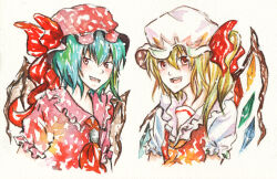 Rule 34 | 2girls, bat wings, blue hair, bow, cropped torso, flandre scarlet, frilled shirt collar, frills, hair between eyes, hair bow, hat, looking at viewer, medium hair, mob cap, multicolored wings, multiple girls, one side up, open mouth, painting (medium), pink headwear, pink shirt, puffy short sleeves, puffy sleeves, red bow, red eyes, red vest, remilia scarlet, shirt, short sleeves, siblings, simple background, sisters, teeth, touhou, traditional media, upper body, upper teeth only, vest, watercolor (medium), white background, white headwear, white shirt, wings, zyoniy
