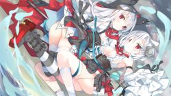 Rule 34 | 2girls, azur lane, bare shoulders, black skirt, boots, breasts, cleavage, detached sleeves, dutch angle, erebus (azur lane), frills, hair over one eye, highres, large breasts, long hair, looking at viewer, multiple girls, red eyes, ribbon, satsuki mayuri, shirt, short hair, skirt, sleeves past wrists, stitches, striped clothes, striped legwear, striped thighhighs, terror (azur lane), thighhighs, white hair, white shirt