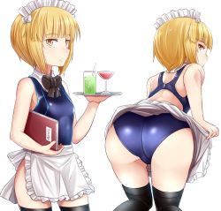 Rule 34 | 1girl, alternate costume, apron, apron lift, ass, backless swimsuit, black neckwear, black thighhighs, blonde hair, blue one-piece swimsuit, blunt bangs, bob cut, bow, bowtie, closed mouth, clothes lift, commentary, competition swimsuit, cup, cutlass (girls und panzer), detached collar, drinking glass, drinking straw, frilled apron, frills, from behind, girls und panzer, highres, holding, holding menu, holding tray, kitayama miuki, leaning forward, lifting own clothes, light frown, looking at viewer, looking back, maid headdress, menu, multiple views, one-piece swimsuit, short hair, simple background, standing, swimsuit, thighhighs, tray, waist apron, waitress, white apron, white background, wine glass, yellow eyes