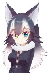 Rule 34 | 10s, 1girl, animal ears, bad id, bad pixiv id, between breasts, black jacket, blue eyes, blush, breasts, closed mouth, fang, fur collar, grey wolf (kemono friends), heterochromia, highres, jacket, kemono friends, long hair, looking at viewer, medium breasts, multicolored hair, necktie, necktie between breasts, sd (s-di), simple background, smile, solo, two-tone hair, white background, wolf ears, wolf girl, yellow eyes
