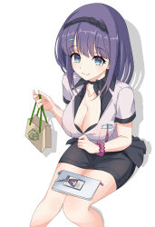 Rule 34 | 1girl, absurdres, bag, black skirt, blue eyes, breasts, cleavage, collared shirt, feet out of frame, highres, holding, holding bag, large breasts, maxwelzy, misora (princess connect!), pencil skirt, princess connect!, purple hair, purple shirt, scrunchie, shirt, short sleeves, simple background, skirt, smile, solo, white background, wrist scrunchie