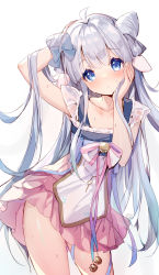 Rule 34 | 1girl, arm behind head, arm up, bell, bison cangshu, blue eyes, blush, closed mouth, collarbone, commentary request, cone hair bun, dress, gradient background, grey background, grey hair, hair bun, hand up, head tilt, highres, jingle bell, long hair, looking at viewer, merry (meumy), meumy, pink dress, solo, sweat, very long hair, virtual youtuber, white background