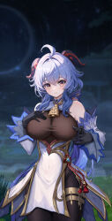 Rule 34 | 1girl, absurdres, ahoge, bare shoulders, bell, black gloves, black pantyhose, blue hair, blush, breasts, covered erect nipples, detached sleeves, ganyu (genshin impact), genshin impact, gloves, gold trim, grabbing, hand on own chest, highres, horns, impossible clothes, large breasts, leotard, long hair, mantoukaya, navel, neck bell, pantyhose, purple eyes, sidelocks, solo, standing, tassel, taut leotard, thighlet, vision (genshin impact), waist cape, white sleeves, wide sleeves
