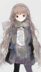 Rule 34 | 1girl, black pantyhose, brown eyes, brown hair, brown scarf, coat, commentary request, expressionless, grey background, headphones, highres, long hair, looking at viewer, open clothes, open coat, original, pantyhose, pleated skirt, scarf, shirt, simple background, skirt, solo, standing, t-shirt, tsukamoto anabone, very long hair