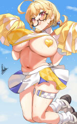 Rule 34 | 1girl, absurdres, ahoge, alternate breast size, black-framed eyewear, blonde hair, blue archive, blue sky, breasts, cloud, commentary, day, english commentary, heart pasties, highres, holding, holding pom poms, huge breasts, kotori (blue archive), kotori (cheer squad) (blue archive), long hair, looking at viewer, millennium cheerleader outfit (blue archive), navel, official alternate costume, official alternate hairstyle, open mouth, outdoors, pasties, piukute062, plump, pom pom (cheerleading), pom poms, red eyes, shoes, signature, sky, socks, solo, sweat, thighs, white socks