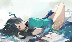 Rule 34 | 1girl, absurdres, aqua dress, arknights, artist name, bare legs, bare shoulders, bead bracelet, beads, black hair, blue skin, bracelet, breasts, brown eyes, cmdr saturn, colored skin, dragon girl, dragon horns, dragon tail, dress, dusk (arknights), dusk (everything is a miracle) (arknights), from behind, gradient skin, hand on own thigh, highres, horns, jewelry, knees up, large breasts, long hair, looking at viewer, looking back, lying, official alternate costume, on back, open mouth, pointy ears, sleeping, sleeveless, sleeveless dress, solo, tail, very long hair