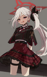 Rule 34 | 1girl, black flower, black jacket, blue archive, closed mouth, cropped legs, flower, grey background, grey hair, hair flower, hair ornament, halo, highres, jacket, licking lips, long hair, looking at viewer, makihitsuji, mutsuki (blue archive), plaid, plaid skirt, red eyes, red skirt, shirt, side ponytail, simple background, skirt, smile, solo, tongue, tongue out, very long hair, white shirt