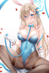 Rule 34 | 1girl, absurdres, animal ears, aqua leotard, asuna (blue archive), asuna (blue archive) (cosplay), asuna (bunny) (blue archive), asymmetrical bangs, blonde hair, blue archive, blue bow, blue bowtie, blue eyes, blue leotard, bow, bowtie, breasts, cameltoe, cleavage, cleft of venus, cosplay, detached collar, fake animal ears, hair over one eye, halo, highleg, highleg leotard, highres, kallen ayase, large breasts, leotard, light brown hair, looking at viewer, mole, mole on breast, official alternate costume, pantyhose, playboy bunny, rabbit ears, smile, spread legs, strapless, strapless leotard, thighband pantyhose, traditional bowtie