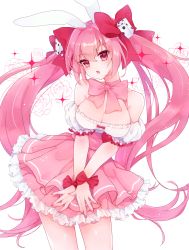 Rule 34 | 1girl, animal ears, bare shoulders, breasts, cleavage, commentary request, detached sleeves, di gi charat, dice hair ornament, fingernails, floral background, frilled skirt, frills, hair between eyes, hair ornament, highres, large breasts, long hair, open mouth, pink hair, pink skirt, pleated skirt, puffy short sleeves, puffy sleeves, rabbit ears, red eyes, shichijou natori, shirt, short sleeves, simple background, skirt, solo, sparkle, twintails, usada hikaru, very long hair, white background, white shirt, wide sleeves, wrist bow