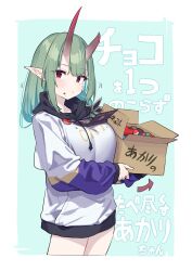 Rule 34 | 1girl, absurdres, akari (baffu), baffu, box, breasts, broken horn, chocolate, copyright request, cowboy shot, cropped legs, food, food on face, green hair, hair between eyes, heart-shaped box, highres, holding carton, hood, hoodie, horns, large breasts, long hair, long sleeves, looking at viewer, multicolored clothes, multicolored hoodie, original, pointy ears, purple hoodie, red eyes, smile, solo, translation request, two-tone background, white hoodie