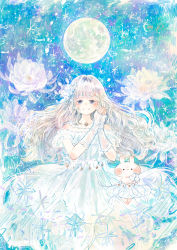 Rule 34 | 1girl, arm warmers, artist name, blue eyes, blue flower, blue sky, blue theme, blush, blush stickers, clothing cutout, clothing request, detached sleeves, dress, epiphyllum, floating hair, flower, frilled dress, frills, full moon, gloves, grey hair, highres, jewelry, long dress, long hair, momochy, moon, multicolored sky, necklace, night, night sky, original, pastel colors, pendant, puffy sleeves, rabbit, ribbon, short sleeves, shoulder cutout, signature, skirt, sky, smile, sparkling eyes, star (sky), starry sky, white dress, white flower, white gloves, white hair, white ribbon, white skirt