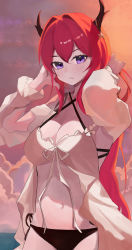 Rule 34 | 1girl, absurdres, arknights, arms up, bikini, black bikini, black ribbon, breasts, cleavage, closed mouth, cloud, cowboy shot, criss-cross halter, detached sleeves, evening, female focus, hair ornament, halterneck, hands in hair, highres, horns, large breasts, long hair, long sleeves, looking at viewer, navel, official alternate costume, purple eyes, red hair, ribbon, riel (ataraxia2334), side-tie bikini bottom, solo, star (symbol), star hair ornament, stomach, sunset, surtr (arknights), surtr (colorful wonderland) (arknights), swimsuit, swimsuit cover-up, very long hair