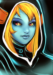 Rule 34 | 1girl, blue skin, colored sclera, colored skin, eyelashes, eyeshadow, highres, hood, lips, long hair, makeup, maniacpaint, midna, midna (true), nintendo, nose, orange hair, red eyes, solo, spoilers, the legend of zelda, the legend of zelda: twilight princess, upper body, yellow sclera