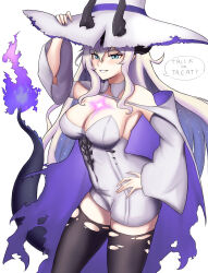 Rule 34 | 1girl, arknights, black thighhighs, blue eyes, bodysuit, breasts, cleavage, cowboy shot, detached sleeves, dragon tail, eblana (arknights), fangs (fangs art), flame-tipped tail, hair between eyes, halloween, hand on headwear, hat, highres, horns, horns through headwear, large breasts, long hair, looking at viewer, simple background, smile, solo, strapless bodysuit, tail, thighhighs, torn clothes, torn thighhighs, trick or treat, very long hair, white background, white bodysuit, white hair, white hat, white sleeves, witch