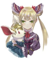 Rule 34 | 1girl, animal, blonde hair, blush, green eyes, hair ornament, holding, holding animal, long hair, looking at viewer, luna (shadowverse), pointy ears, purupuru, rabbit, red ribbon, ribbon, shadowverse, simple background, sketch, solo, twintails, upper body, white background