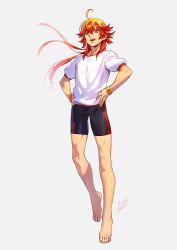 Rule 34 | 1boy, ahoge, azusa (hws), barefoot, bike shorts, fate/grand order, fate (series), full body, grey background, gym shirt, gym uniform, hands on own hips, headband, looking at viewer, male focus, open mouth, rama (fate), red eyes, red hair, shirt, shorts, signature, simple background, smile, solo, t-shirt