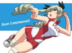 Rule 34 | 1girl, action, anchovy (girls und panzer), aono3, arm up, armpits, black ribbon, breasts, commentary request, cosplay, drill hair, girls und panzer, green hair, hair ribbon, happy birthday, italian text, jumping, knee pads, large breasts, long hair, open mouth, red eyes, red shirt, red shorts, red socks, ribbon, shirt, shoes, short shorts, shorts, single vertical stripe, sleeveless, sleeveless shirt, sneakers, socks, solo, sportswear, thigh gap, translated, twin drills, twintails, volleyball uniform, white footwear