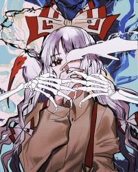 Rule 34 | 1girl, bird, bow, brown shirt, cigarette, collared shirt, commentary, fujiwara no mokou, grey hair, hair bow, hand up, heinrich (fernanderuddle), highres, holding, holding cigarette, long hair, looking at viewer, one eye covered, red eyes, shirt, skeleton, smoking, solo, suspenders, touhou, upper body, very long hair, white bow