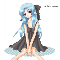 Rule 34 | 00s, 1girl, bad anatomy, blue hair, bow, dress, empty eyes, flat chest, hair bow, head tilt, len (tsukihime), long hair, melty blood, pointy ears, poorly drawn, red eyes, short dress, sitting, solo, tsukihime, type-moon