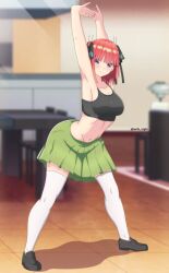 Rule 34 | 1girl, absurdres, armpits, arms behind head, arms up, asobi night, black sports bra, blue eyes, blunt bangs, breasts, butterfly hair ornament, cammy stretch (meme), cleavage, collarbone, go-toubun no hanayome, green skirt, hair ornament, hair ribbon, highres, large breasts, looking at viewer, meme, midriff, nakano nino, navel, ribbon, skirt, solo, sports bra, stomach, thighhighs, thighs, white thighhighs, zettai ryouiki