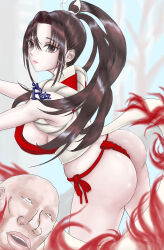 1boy 1girl ass breasts brown_hair fatal_fury fundoshi japanese_clothes large_breasts long_hair ponytail shiranui_mai underwear