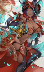 Rule 34 | 1girl, animal ears, blue eyes, breasts, chi4co0820, curled horns, dark-skinned female, dark skin, eyeshadow, fate/grand order, fate (series), head chain, highres, hood, hood up, horns, jewelry, large breasts, long hair, looking at viewer, makeup, necklace, oil lamp, open mouth, purple hair, queen of sheba (fate), revealing clothes, shield, skindentation, smile, solo, thighhighs, very long hair