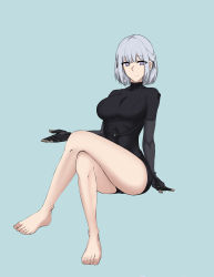 Rule 34 | 1girl, absurdres, bare legs, barefoot, black bodysuit, black gloves, blue background, bodysuit, breasts, closed mouth, crossed legs, full body, girls&#039; frontline, gloves, hair ornament, hairclip, hand on floor, highres, legs, looking at viewer, matsu arts, medium breasts, no shoes, purple eyes, rpk-16 (girls&#039; frontline), short hair, silver hair, simple background, sitting, smile, solo, thighs, toes
