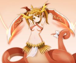 Rule 34 | 1girl, akabane iori, armband, blue eyes, bow, brown hair, cosplay, echidna (p&amp;d), echidna (p&amp;d) (cosplay), headdress, jewelry, kinfuji, kyou ami!, lamia, monster girl, navel, puzzle &amp; dragons, smile, solo, sword, twintails, weapon
